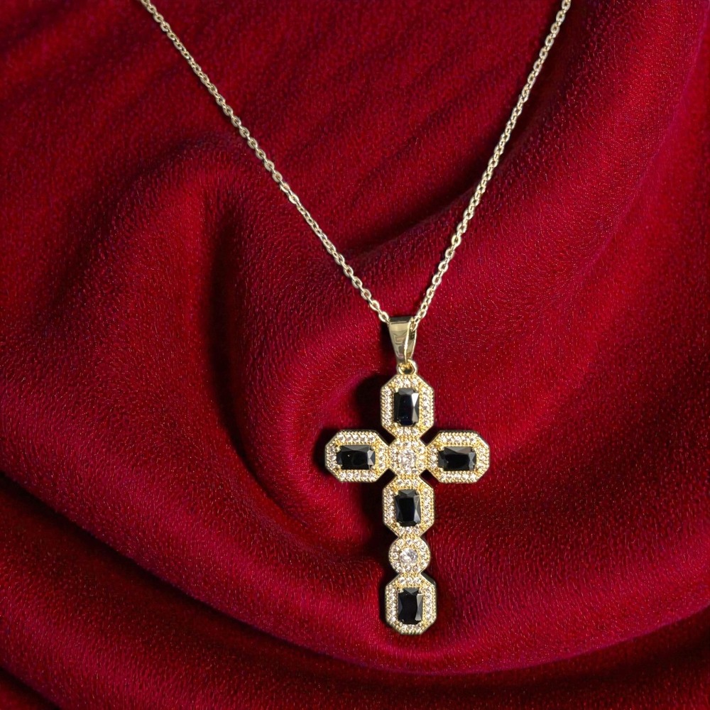 Adina Eden Gold Tone Pavé Cross Necklace Black Stone Pendant‎ NWOT